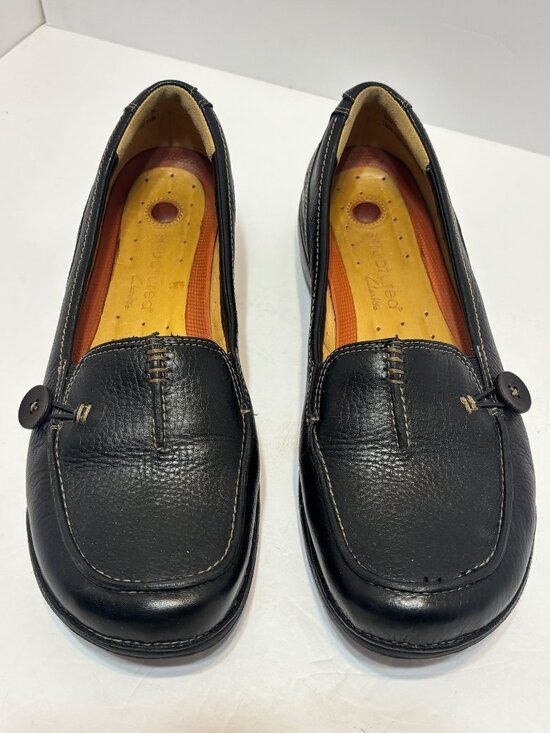 Clarks Shoes - structured CLARKS 87570 Walking Shoes BLACK LEATHER Sz 10M Flats SLIP-ON LOAFERS
